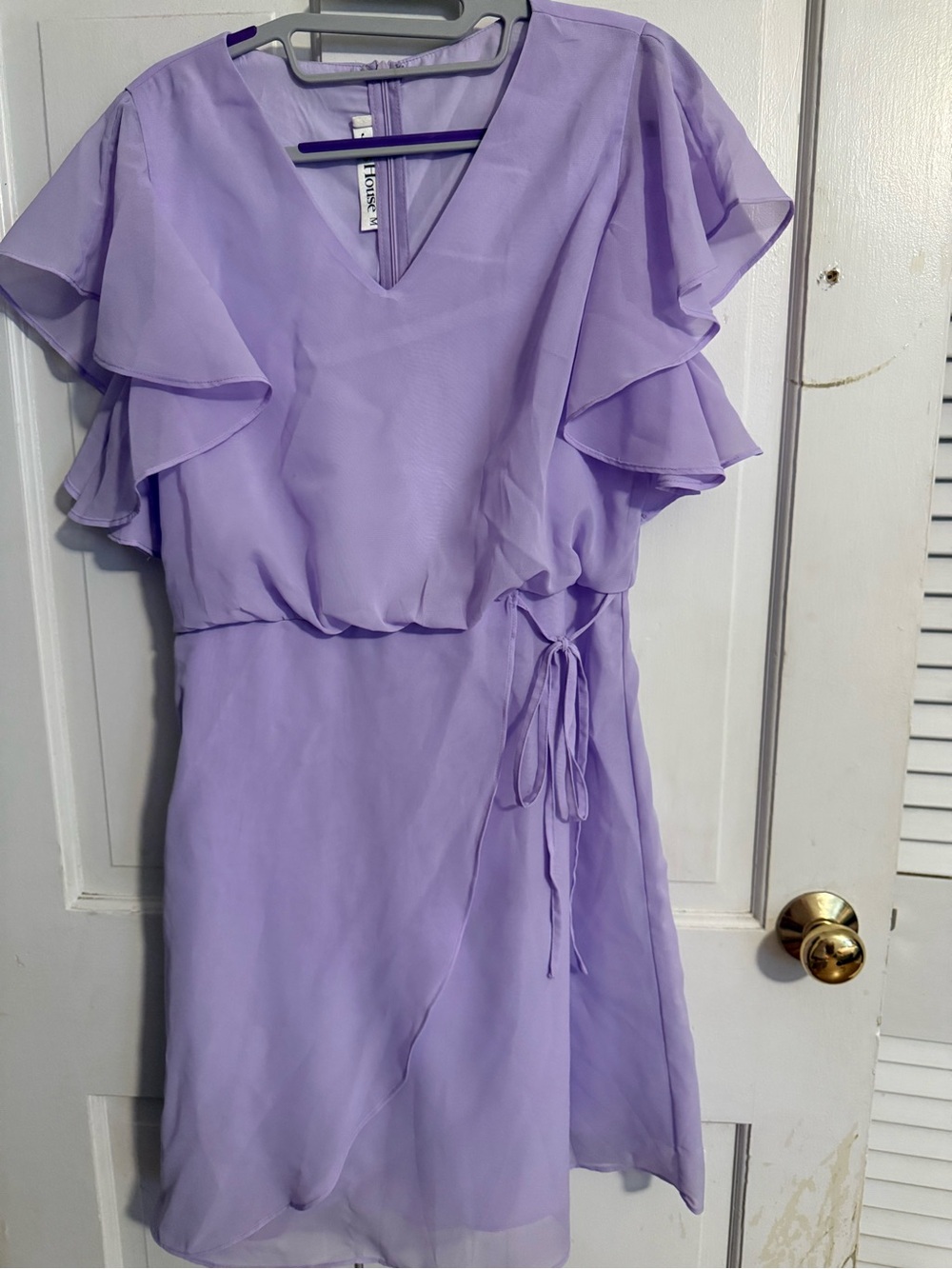 JJs House Lavender Ruffle Wrap Mini Dress